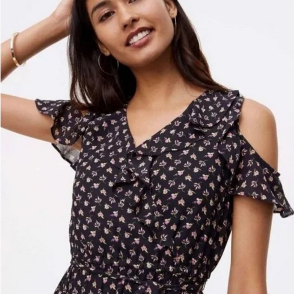 LOFT floral ruffle faux wrap cold shoulder ruffle midi dress size medium - Picture 2 of 14